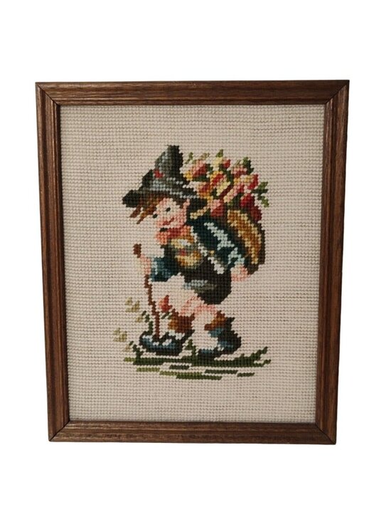 other Other - Vintage Needlepoint Needle Work Boy 8" x10" Framed Wall Art Nursery Hummel Style